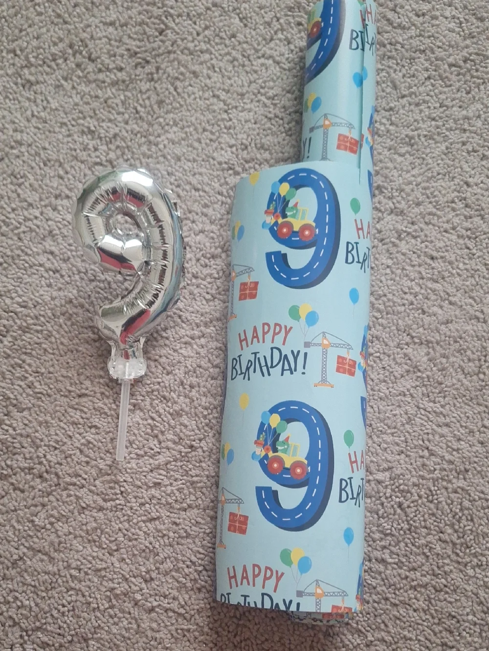 Happy Birthday Number 9 Blue Party Wrapping Paper with Silver 9 Balloon